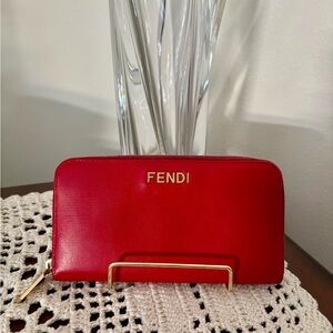 Authentic Fendi Red Leather Zip Wallet w/FF Logo & Gold Hardware